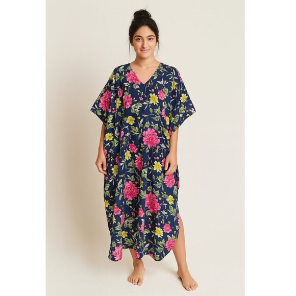 Vintage Vanity Fair Kaftan House Dress One Size Blue Floral - Picture 1 of 10